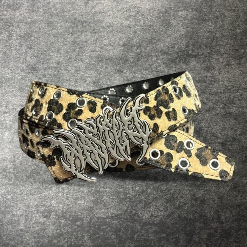Leopard Print Grommet Belt Silver Tone Gothic Buckle Punk Grunge Scene Y2K Style